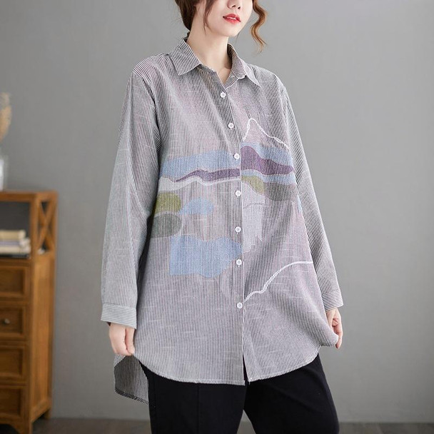 Striped Loose Mid-length Shirt (Color:Black Size:XXXXL)