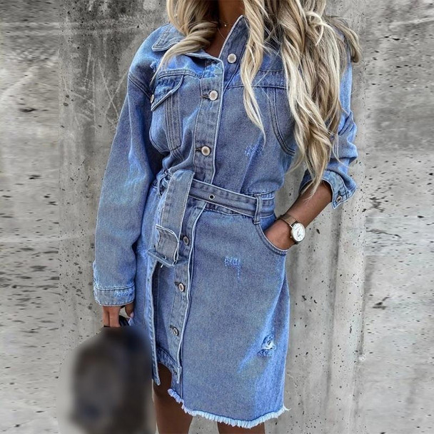 Misalignment Single-breasted Denim Dress (Color:Blue Size:M)