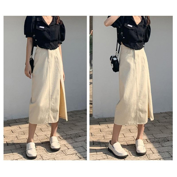 Spring High-waisted A-line Split Denim Midi Skirt (Color:Apricot Size:XL)