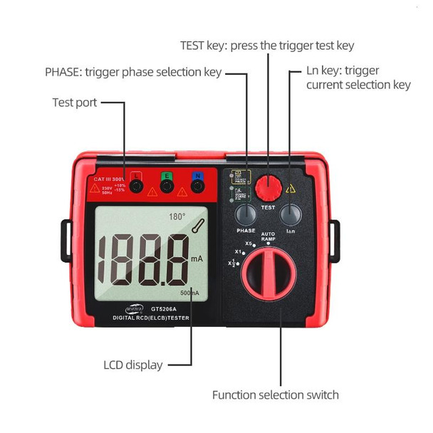 BENETECH GT5206A Professional LCD Digital Leakage Protector Switch Tester