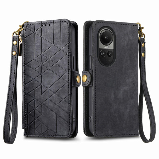 For OPPO Reno10 / 10 Pro Global Geometric Zipper Wallet Side Buckle Leatherette Phone Case(Black)