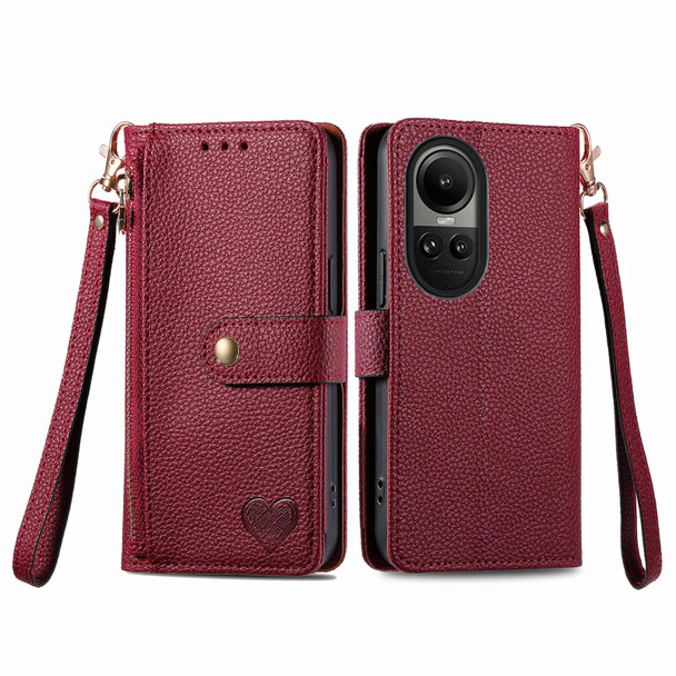 For OPPO Reno10 / 10 Pro Global Love Zipper Lanyard Leatherette Phone Case(Red)