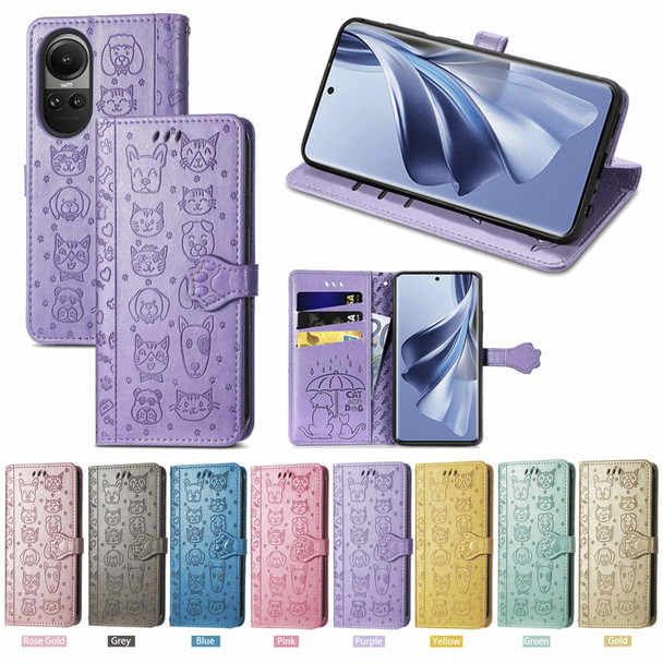 For OPPO Reno10 Global / 10 Pro Global Cat and Dog Embossed Leatherette Phone Case(Purple)