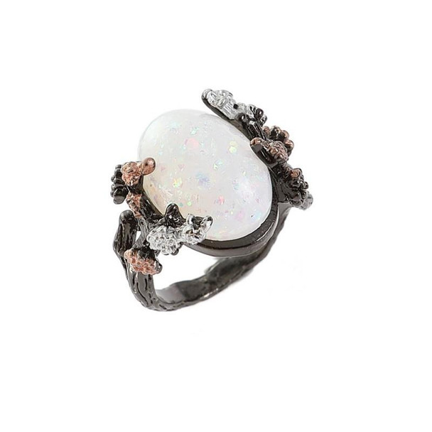 Woman Vintage Black Gold Color Ring White Fire Opal Flower Rings Size:8