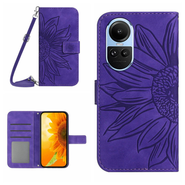 For OPPO Reno10 Global / Reno10 Pro Global Skin Feel Sun Flower Embossed Flip Leatherette Phone Case with Lanyard(Dark Purple)