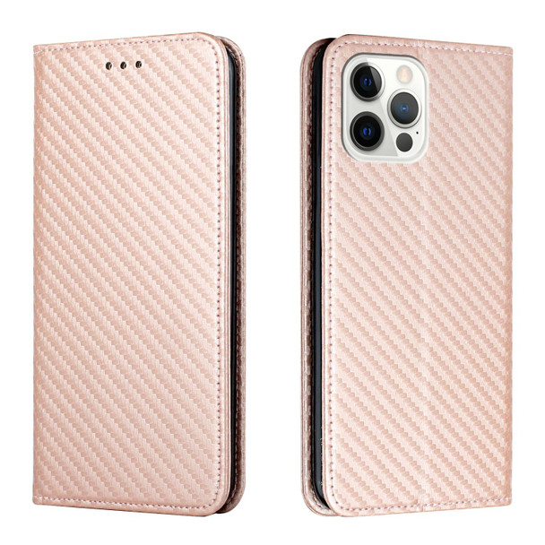 For iPhone 15 Pro Max Carbon Fiber Texture Flip Holder Leatherette Phone Case(Rose Gold)