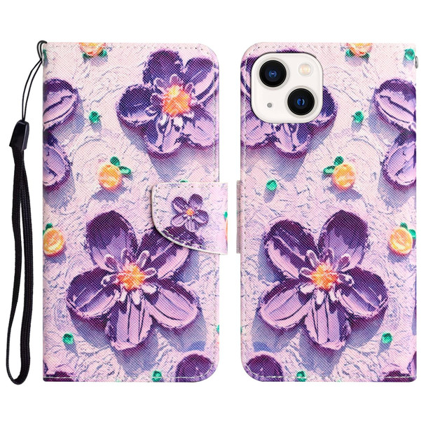 For iPhone 15 Colored Drawing Leatherette Phone Case(Purple Flower)
