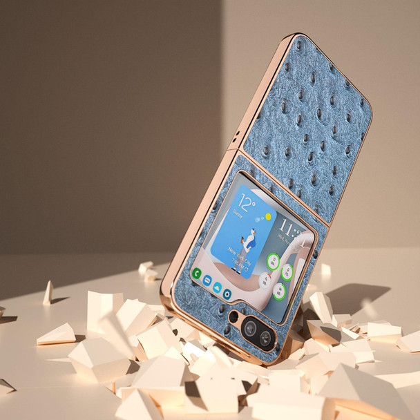 For Samsung Galaxy Z Flip5 Genuine Leatherette Ostrich Texture Series Nano Plating Phone Case(Blue)