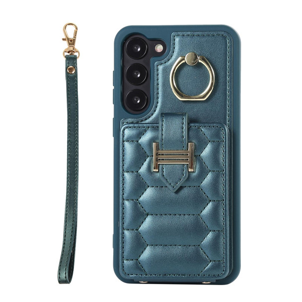 For Samsung Galaxy S21 FE 5G Vertical Card Bag Ring Holder Phone Case with Dual Lanyard(Dark Green)