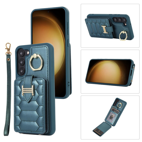 For Samsung Galaxy S21 FE 5G Vertical Card Bag Ring Holder Phone Case with Dual Lanyard(Dark Green)