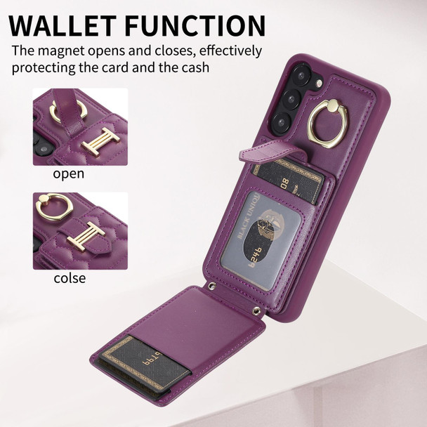 For Samsung Galaxy S21 FE 5G Vertical Card Bag Ring Holder Phone Case with Dual Lanyard(Dark Purple)