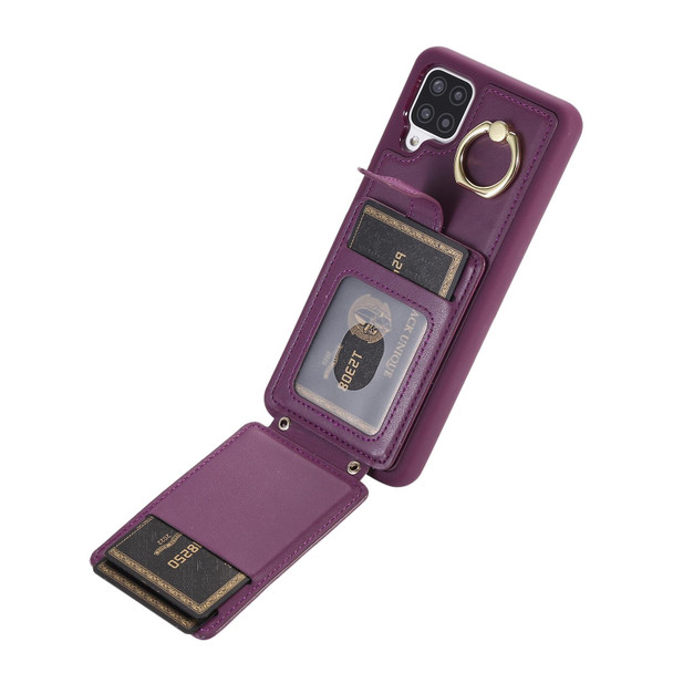 For Samsung Galaxy A12 5G Vertical Card Bag Ring Holder Phone Case with Dual Lanyard(Dark Purple)