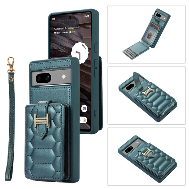 For Google Pixel 7a Vertical Card Bag Ring Holder Phone Case with Dual Lanyard(Dark Green)