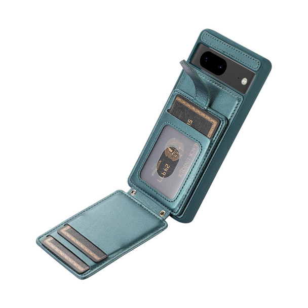 For Google Pixel 7 Vertical Card Bag Ring Holder Phone Case with Dual Lanyard(Dark Green)