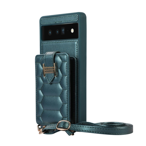 For Google Pixel 6 Pro Vertical Card Bag Ring Holder Phone Case with Dual Lanyard(Dark Green)