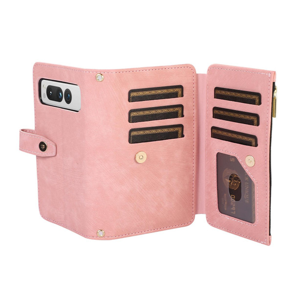 For Google Pixel Fold Dream 9-Card Wallet Zipper Bag Leatherette Phone Case(Pink)