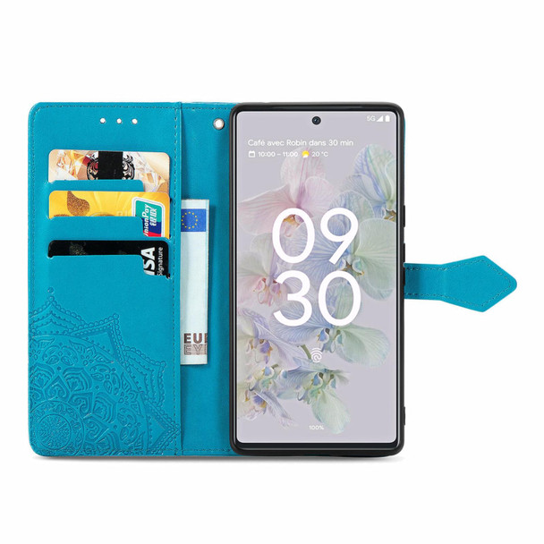 Google Pixel 6a Mandala Flower Embossed Flip Leather Phone Case(Blue)