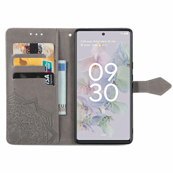 Google Pixel 6a Mandala Flower Embossed Flip Leather Phone Case(Grey)
