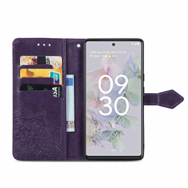 Google Pixel 6a Mandala Flower Embossed Flip Leather Phone Case(Purple)