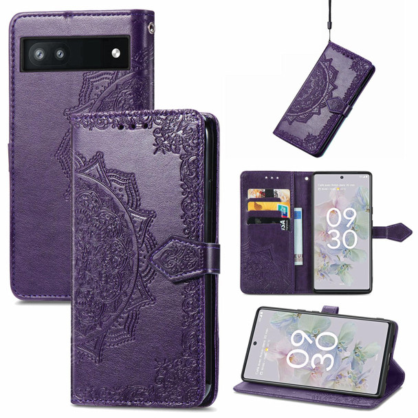 Google Pixel 6a Mandala Flower Embossed Flip Leather Phone Case(Purple)