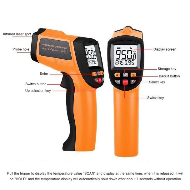 Infrared Thermometer, Temperature Range: -50 - 1150 Degrees Celsius(Orange)