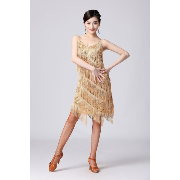 V-neck Suspender Sequined Fringed Latin Dance Dress Competition Performance Suit (Color:Gold Size:XXXL)