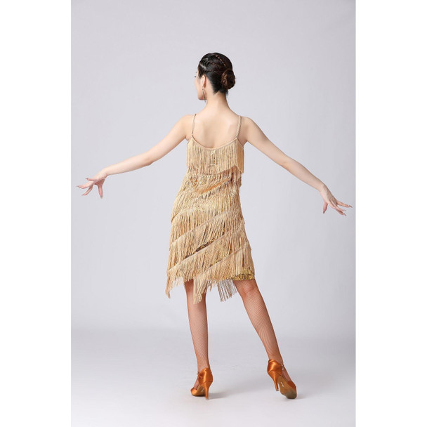 V-neck Suspender Sequined Fringed Latin Dance Dress Competition Performance Suit (Color:Gold Size:L)