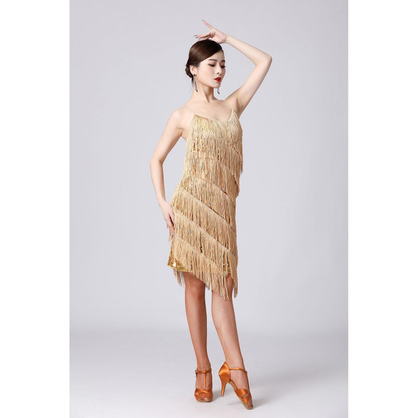 V-neck Suspender Sequined Fringed Latin Dance Dress Competition Performance Suit (Color:Gold Size:S)