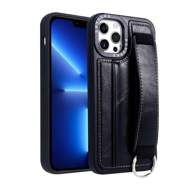 For iPhone 13 Pro Photo Frame Card Wallet Wrist Strap Holder Back Cover Phone Case(Black)