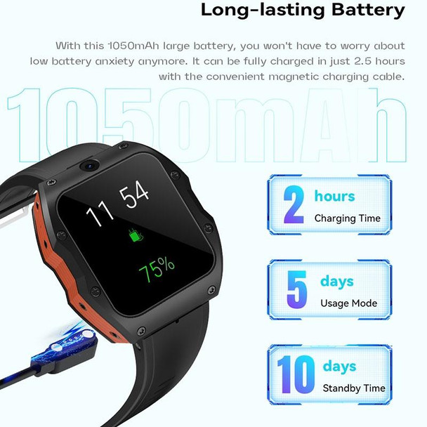 Model X 1.99 inch IP68 Waterproof Android 9.0 4G Dual Cameras Matte Smart Watch, Specification:4GB+128GB(Black)