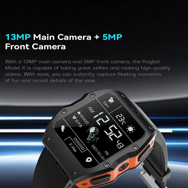 Model X 1.99 inch IP68 Waterproof Android 9.0 4G Dual Cameras Matte Smart Watch, Specification:4GB+128GB(Black Orange)