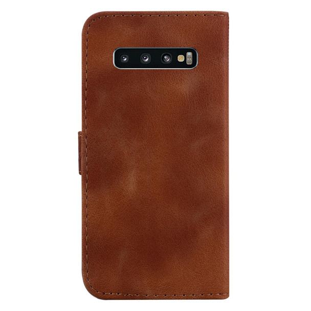 For Samsung Galaxy S10+ 7-shaped Embossed Leatherette Phone Case(Brown)