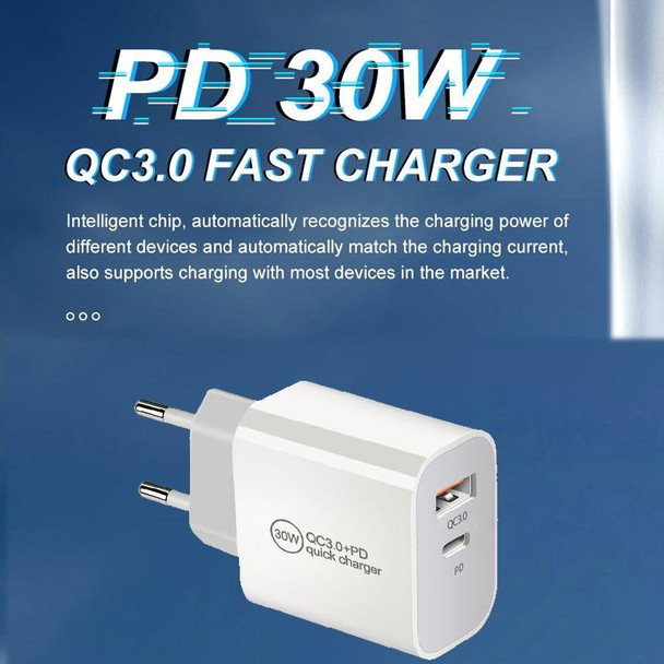 PD30W USB-C / Type-C + QC3.0 USB Dual Port Charger with 1m USB to Micro USB Data Cable, EU Plug