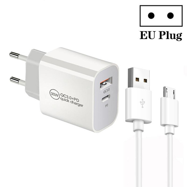 PD30W USB-C / Type-C + QC3.0 USB Dual Port Charger with 1m USB to Micro USB Data Cable, EU Plug