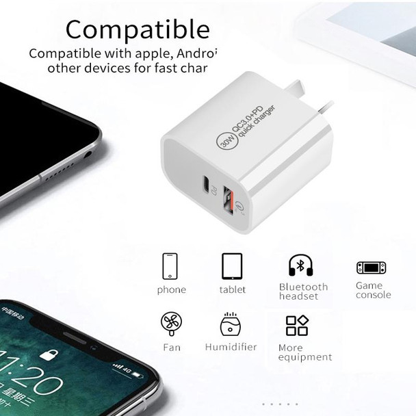 PD30W USB-C / Type-C + QC3.0 USB Dual Port Charger with 1m Type-C to 8 Pin Data Cable, US Plug