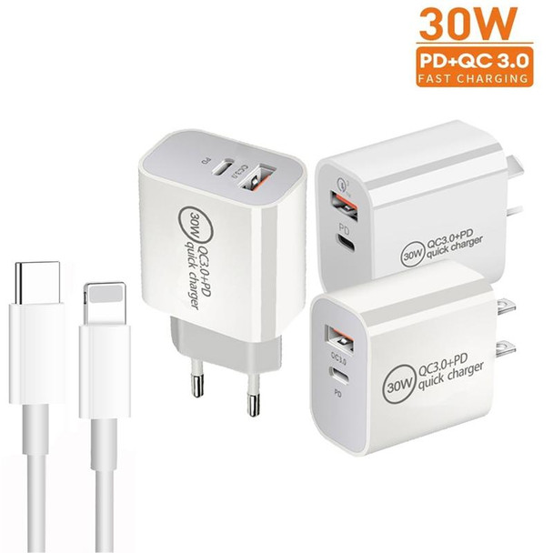PD30W USB-C / Type-C + QC3.0 USB Dual Port Charger with 1m Type-C to 8 Pin Data Cable, US Plug