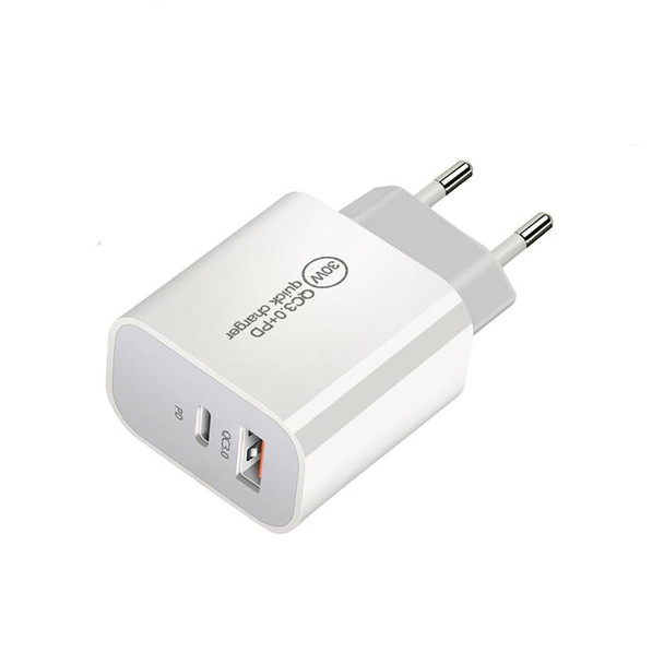 PD30W USB-C / Type-C + QC3.0 USB Dual Port Charger with 1m Type-C to Type-C Data Cable, EU Plug