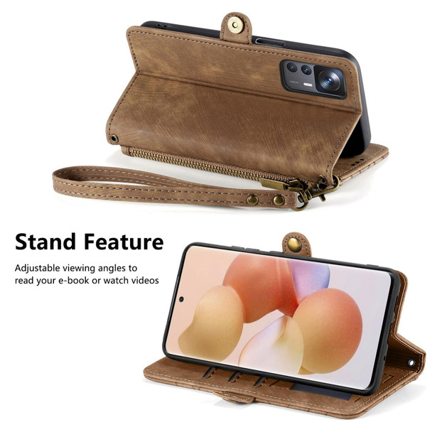 For Xiaomi 12 Geometric Zipper Wallet Side Buckle Leather Phone Case(Brown)