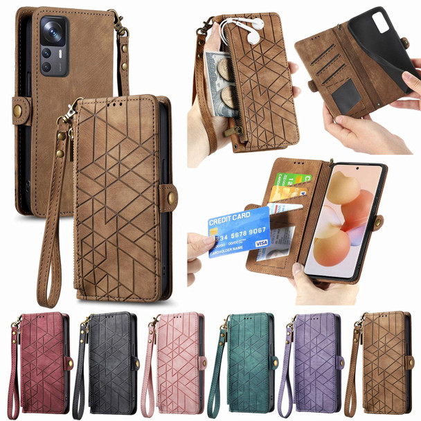 For Xiaomi 12 Geometric Zipper Wallet Side Buckle Leather Phone Case(Brown)