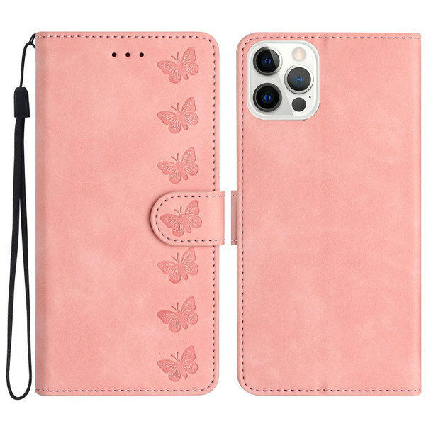For iPhone 15 Pro Seven Butterflies Embossed Leatherette Phone Case(Pink)