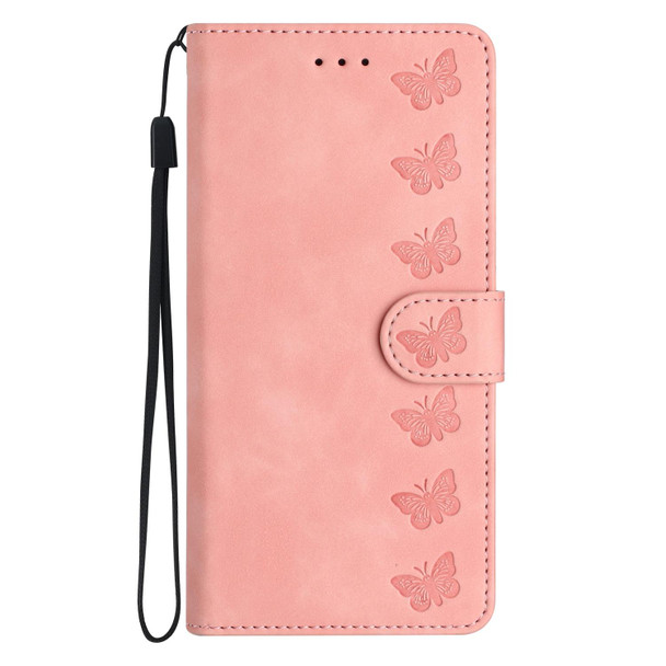 For iPhone 15 Pro Seven Butterflies Embossed Leatherette Phone Case(Pink)
