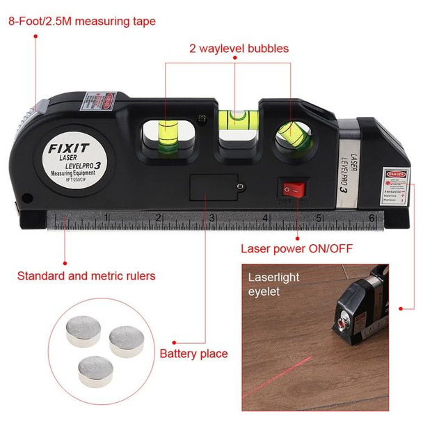 Laser Level with Tape Measure Pro 3 (250cm), LV-03(Black)