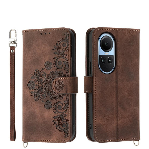 For OPPO Reno10 Global / Reno10 Pro Global Skin-feel Flowers Embossed Wallet Leatherette Phone Case(Brown)
