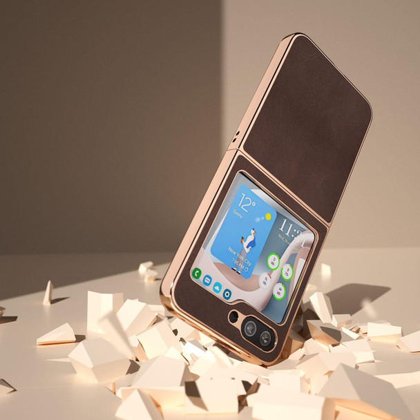 For Samsung Galaxy Z Flip5 Genuine Leatherette Xiaoya Series Nano Plating Phone Case(Coffee)