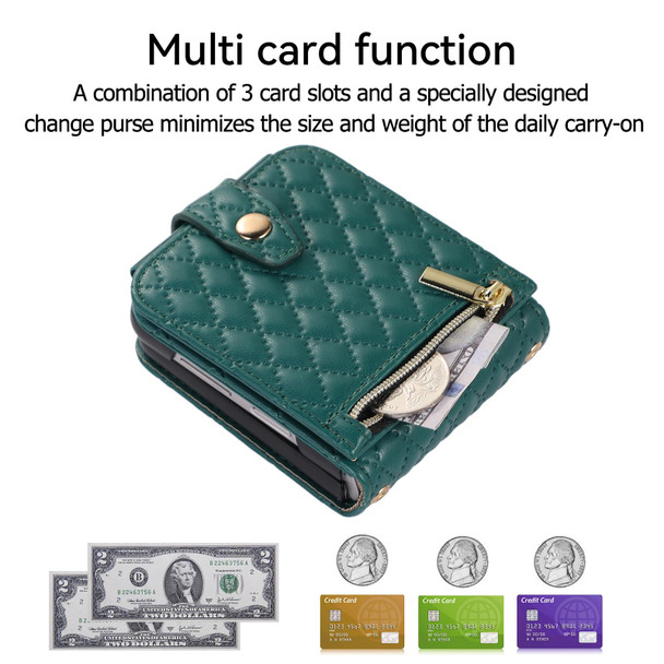 For Samsung Galaxy Z Flip5 Crossbody Diamond Lattice Folding Leatherette Phone Case(Dark Green)