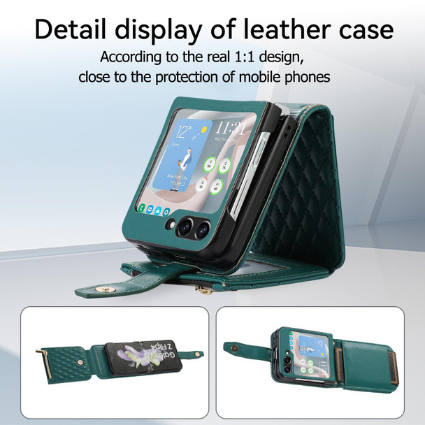 For Samsung Galaxy Z Flip5 Crossbody Diamond Lattice Folding Leatherette Phone Case(Dark Green)