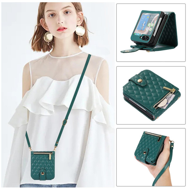 For Samsung Galaxy Z Flip5 Crossbody Diamond Lattice Folding Leatherette Phone Case(Dark Green)