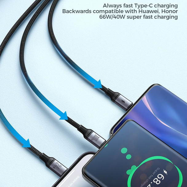 JOYROOM A21 100W USB to 8 Pin+Type-C+Micro USB 3 in 1 Charging Cable, Length: 1.2m(Black)