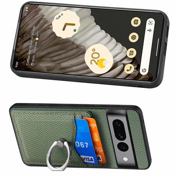 For Google Pixel 7 Pro Carbon Fiber Card Wallet Ring Holder Phone Case(Green)