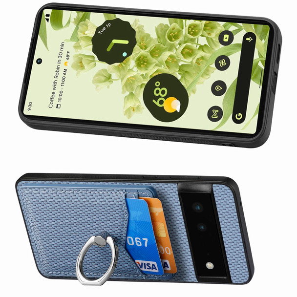 For Google Pixel 6 Carbon Fiber Card Wallet Ring Holder Phone Case(Blue)